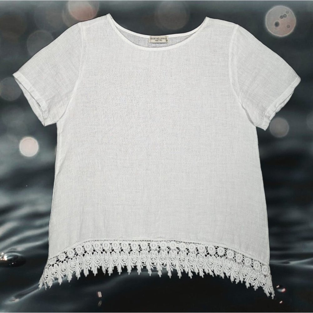 Terzo Millennio Top Womens Linen Crochet Hem White Short Sleeve Lagenlook sz M